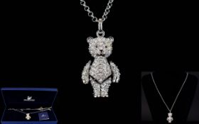 Swarovski Articulated Crystal Teddy Bear Necklace Long silver tone necklace on belcher chain with