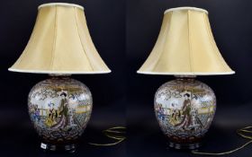 A Pair Of Large And Ornate Oriental Ceramic Table Lamps Two in total, each with pale gold textured