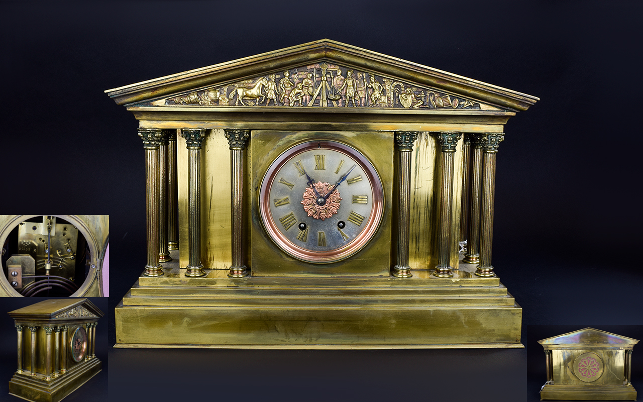 French Late 19th Century Brass Cased - Impressive Architectural Style Mantel Clock.