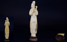 Japanese - Meiji Period 1846 - 1912 Finely Carved Ivory Okimono Figurine of a Young Japanese Lady