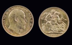 Edward VII 22ct Gold Full Sovereign Coin. Date 1910 & London Mint. N / E.F Condition.