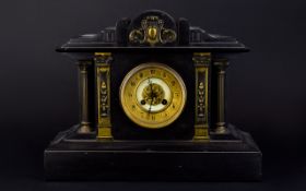 French Late 19thC Black Slate Mantle Clock maker Japy Freres. 8 day movement, striking on gong