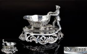 Silver Salt. Ornate Silver Salt Depicting Worker Pushing Ornate Sleigh.