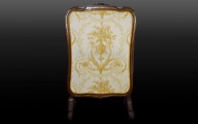 Reproduction Carved Fire Screen Vintage fire screen in ovoid form with central cream jacquard panel.