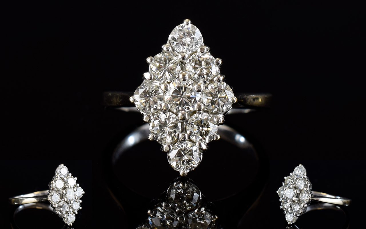 18ct Gold Set Marquise Shaped Diamond Cluster Ring,