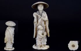 A Very Fine - Japanese Signed 19th Century Ivory Figure of Wonderful Quality with Great Detail In