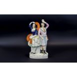 Staffordshire Mid 19th Century Multi Colour Figure Group ' Dancers ' c.1860's. Height 13 Inches.