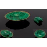 A Well Carved Malachite Figure of a Frog Sitting on an Oval Shaped Shallow Pond / Dish.