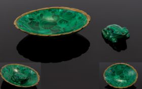 A Well Carved Malachite Figure of a Frog Sitting on an Oval Shaped Shallow Pond / Dish.