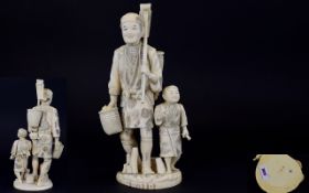 Japanese Early 20th Century Carved Okimono Ivory Figure Group of a Lotus Gatherer - Farmer and His