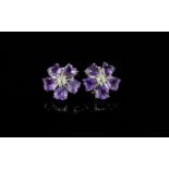 Amethyst Flower Cluster Stud Earrings, each earring made up of five deep rich purple,