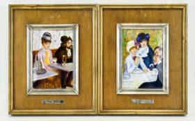 A Pair Of Decorative Vintage Painted Plaques Each mounted on solid wood frame with silver tone