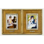 A Pair Of Decorative Vintage Painted Plaques Each mounted on solid wood frame with silver tone