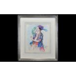 Framed Original Chalk Pastel 'Young Woman With Fan' By J Cheret Framed and mounted under glass,