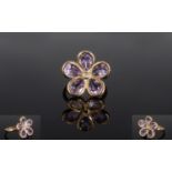 Rose de France Amethyst and Natural White Zircon Flower Ring, five pear cut, semi-bezel set Rose