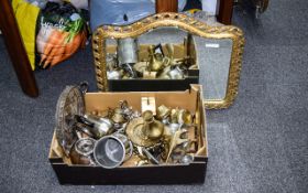 Box of Assorted Metalware including oriental charger, brass ornaments, eagle, bell etc,