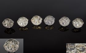 Art Nouveau Period Fine Set of Six Silver Buttons. Maker Samuel Morden. Marks S.M. Ltd.