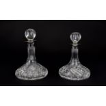 Elizabeth II - Small Pair of Silver Collar Cut Glass Decanters, Ships Captain Shape,