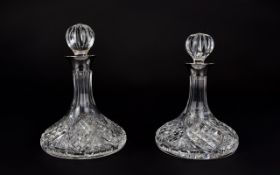 Elizabeth II - Small Pair of Silver Collar Cut Glass Decanters, Ships Captain Shape,