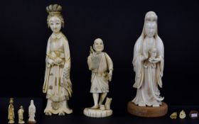 Japanese - Early 20th Century Collection of Carved Ivory Figures ( 3 ) Three In Total.