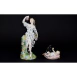 Sitzendorf - Small Hand Painted Porcelain Figure Group of a Young Baby and Small Dog.