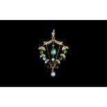 Victorian Period Nice Quality 9ct Gold Pendant Set with Turquoises and Seed Pearl.