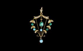 Victorian Period Nice Quality 9ct Gold Pendant Set with Turquoises and Seed Pearl.