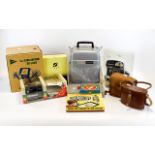 A Box Of Camera Equipment comprising of Polaroid Camera, A Pair Of Kinux Binoculars,