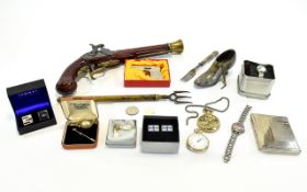 Misc Box Containing Costume Jewellery, Modern Pocket Watched, Replica Musket, Cufflink's,