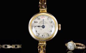 Ladies - 1920's Mechanical 9ct Gold Cased Wrist Watch with Attached Gold Plated Expanding Bracelet.