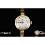 Ladies - 1920's Mechanical 9ct Gold Cased Wrist Watch with Attached Gold Plated Expanding Bracelet.