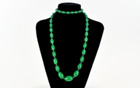 Malachite - Green Beaded Necklace of Graduated Form. c.1930's. 32 Inches In length.