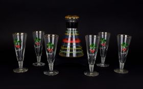 Vintage Conical Shaped Glass Decanter with multi coloured striped banding to body and stopper 7.