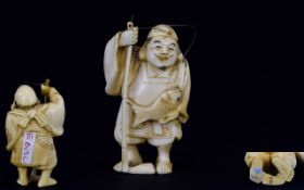 Japanese - Signed and Quality Meiji Period 1864 - 1912 Small Carved Ivory Figure of ' Ebisu ' One