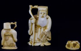 Japanese - Signed and Quality Meiji Period 1864 - 1912 Small Carved Ivory Figure of ' Jurojin ' One