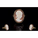 A Vintage 9ct Gold Set Cameo Dress Ring, With Full Hallmarks for 9ct Gold - Please See Photo.