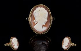 A Vintage 9ct Gold Set Cameo Dress Ring, With Full Hallmarks for 9ct Gold - Please See Photo.