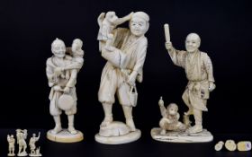 Japanese - Signed Nice Quality Group ( 3 ) of Ivory Carved Figures From The Early 20th Century.