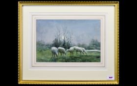 John Wright (Active 1894-1929). Sheep by Moonlight watercolour. 8 5/8" x 13". signed.
