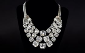 White Crystal Three Row Bib Style Statement Necklace, three rows of large, graduated,
