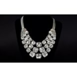 White Crystal Three Row Bib Style Statement Necklace, three rows of large, graduated,