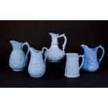 Five Various 19thC Foliage Themed Blue Moulded Jugs comprising one T.