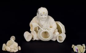 Japanese- Meiji Period 1864 - 1912 Fine Quality Carved Ivory Small Figure of a Basket Maker at Work,