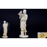 Japanese - Signed Meiji Period 1864 - 1912 Finely Carved Ivory Okimono of a Priest Dressed In