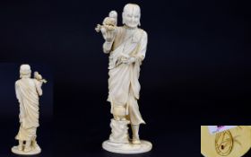 Japanese - Signed Meiji Period 1864 - 1912 Finely Carved Ivory Okimono of a Priest Dressed In