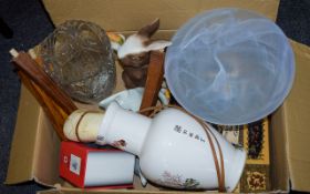 Box of Assorted Collectables including horn, large Oriental vase, glass vase, musical sewing table,
