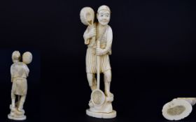 Japanese - Signed Meiji Period 1864 - 1912 Okimono Carved Ivory Figure of a Fisherman with His Net,