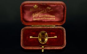 Victorian Period - Nice Quality 15ct Gold Mandarin Citrine Set Bar Brooch, The Oval Faceted Mandarin