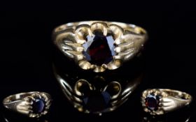 9ct Gold - Gypsy Set Single Stone Garnet Dress Ring.