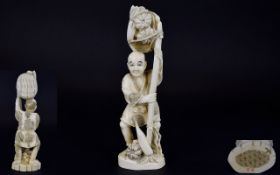 Japanese Early 20th Century Okimono Carved Ivory Figure. Signed In Red to underside of Figure.